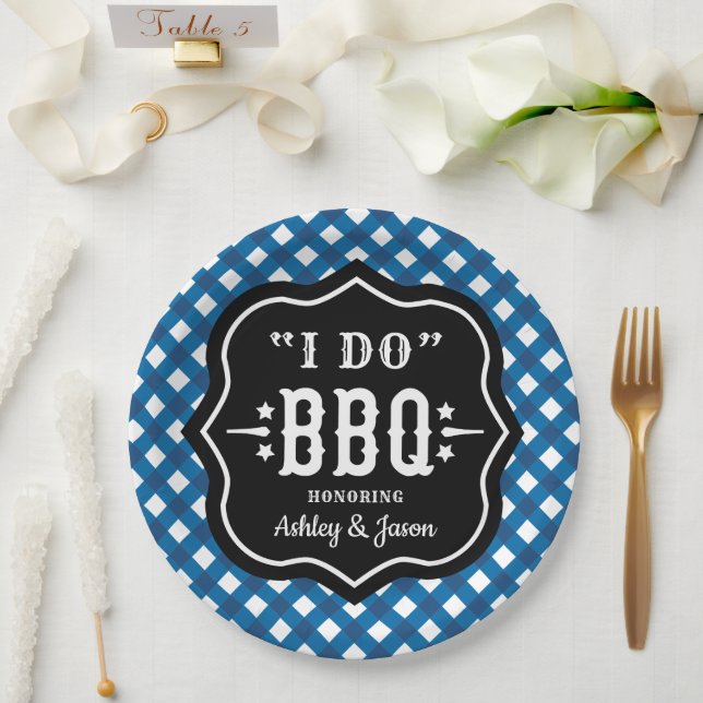 Ich mache GRILLEN Blue Gingham Wedding Pappteller (Hochzeit)