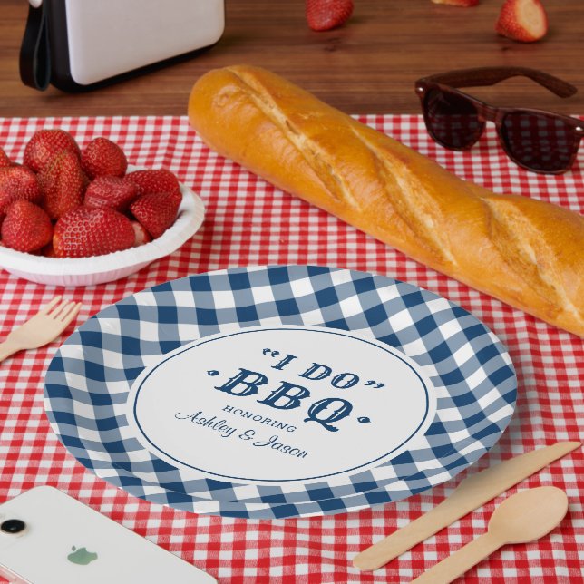 Ich mache GRILLEN Navy Gingham Custom Wedding Mono Pappteller (Picknick)