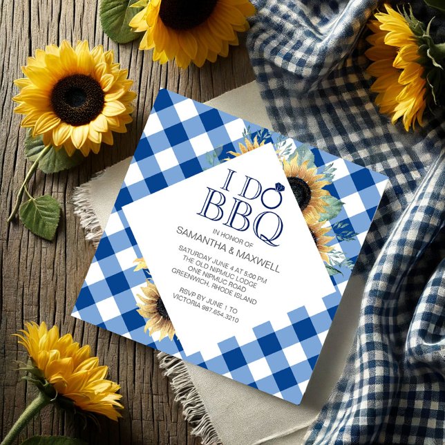 Ich mache GRILLEN Paare Dusche Einladung (I do bbq invitations features sunflowers and blue gingham print. )