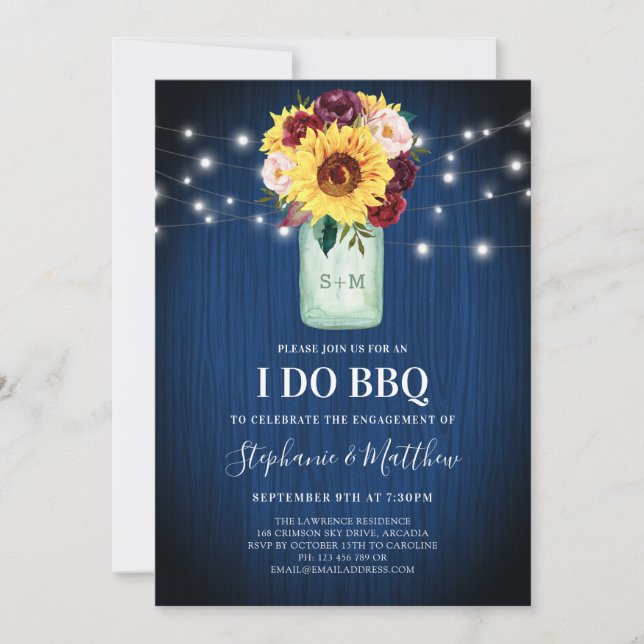 Ich mache GRILLEN Sonnenblumen Mason Jar Blue Wood Einladung (Vorderseite)