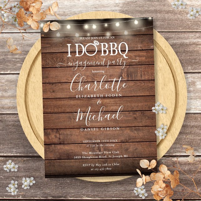 Ich mache GRILLEN String Lights Rustic Wood Verlob Einladung (I Do BBQ String Lights Rustic Wood Engagement Invitation)