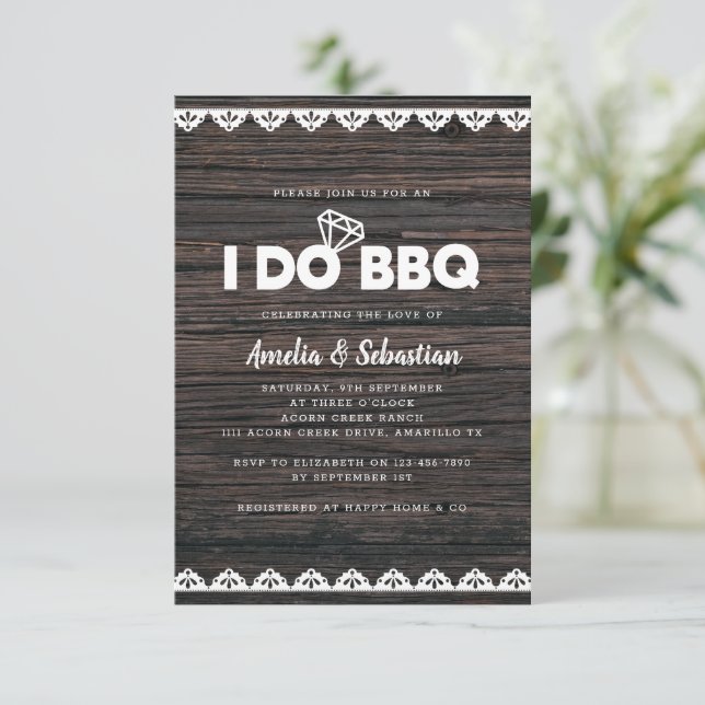 Ich mache GRILLEN Wood Lace Brautparty Einladung (Stehend Vorderseite)