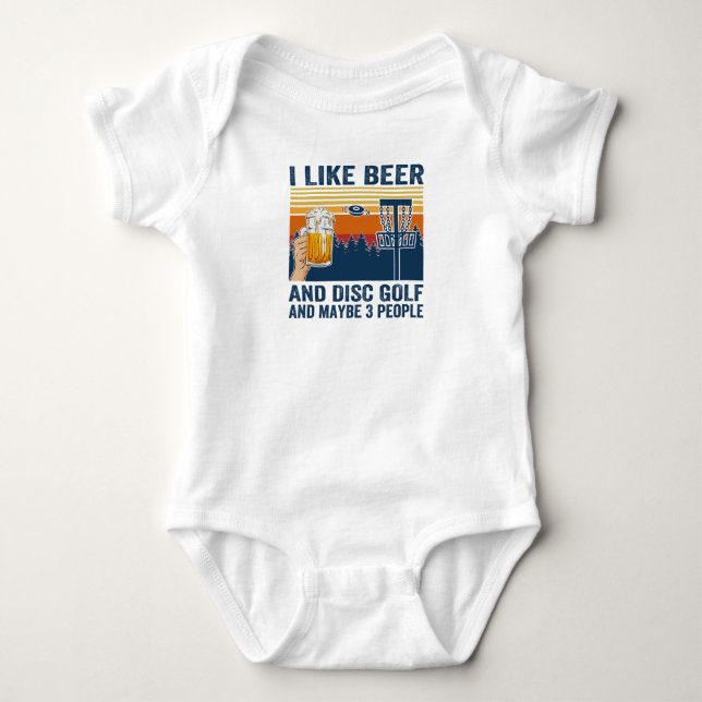 Ich mag Bier und Disc Golf und vielleicht 3 Person Baby Strampler (Vorderseite)