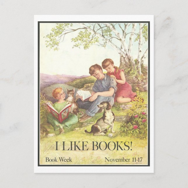 "Ich mag Bücher" Vintages Bibliothekspenster Postkarte (Vorderseite)