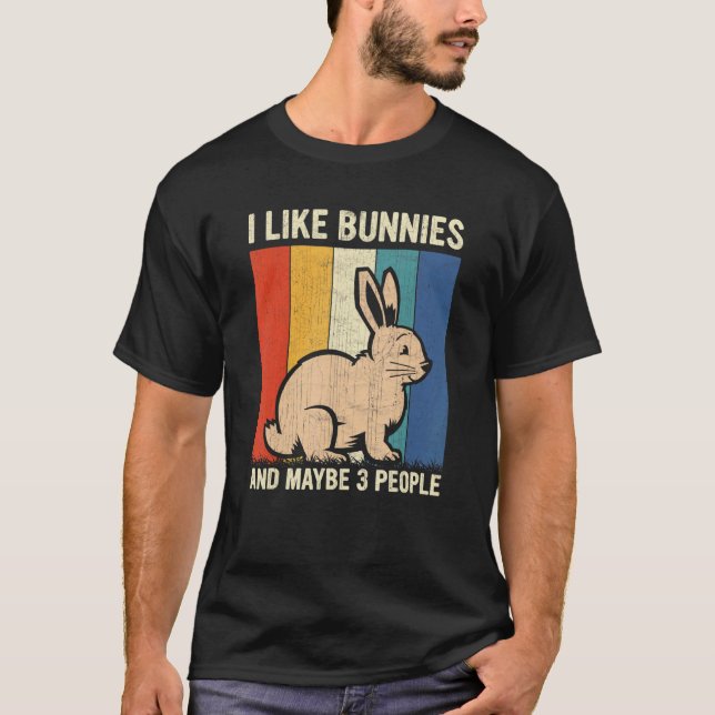 Ich mag Bunnies und vielleicht 3 Leute Retro-Bunny T-Shirt (Vorderseite)