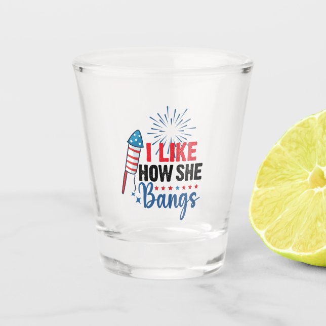 Ich mag, wie sie Bangs Patriotic 4. Juli Paar Schnapsglas (Vorderseite)