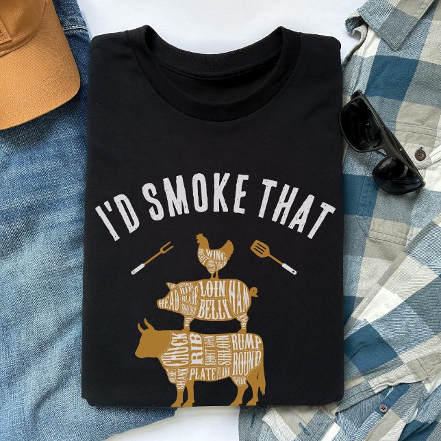 Ich rauche diese lustige GRILLEN, die Grill-Gesche T-Shirt (I'd Smoke That butcher cuts vintage cow pig chicken BBQ grilling smoked meat funny black shirt gift)