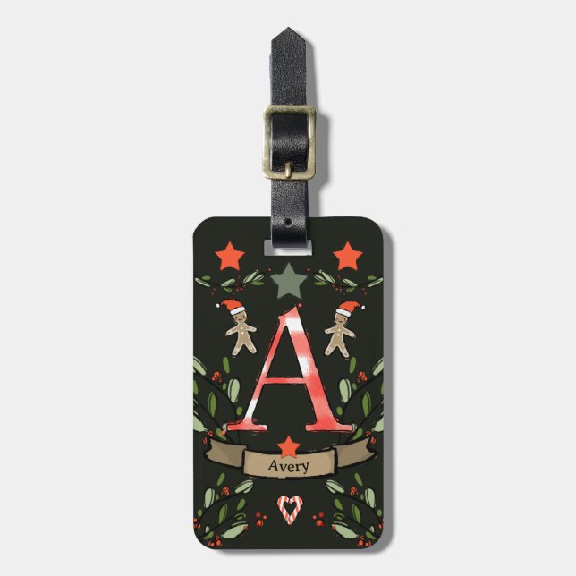 Ich reise für Weihnachts-Monogramm "A" mit Namen Gepäckanhänger (Vorderseite vertikal)