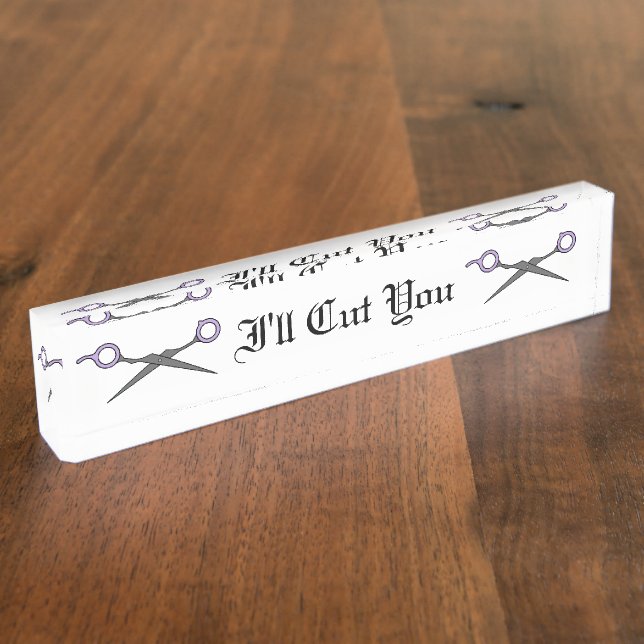 Ich schneide Sie (lila Haar-Ausschnitt-Scheren) Namensplakette (Seite)