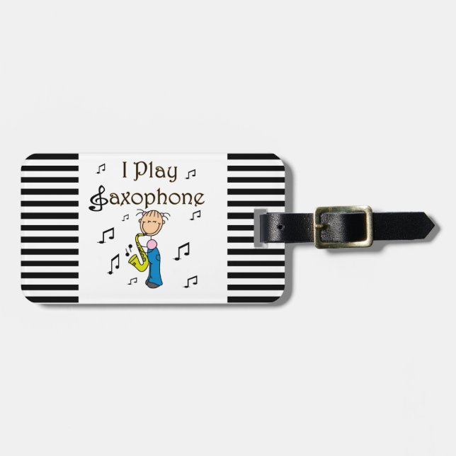 Ich spiele Saxophone-Strichmännchen-T - Shirts und Gepäckanhänger (Vorderseite horizontal)