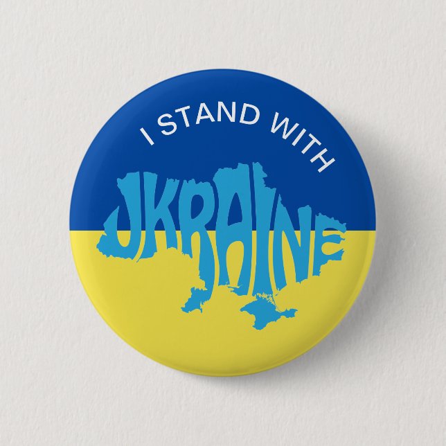 Ich stehe mit ukrainischer Flagge und Länderkarte Button (Vorderseite)