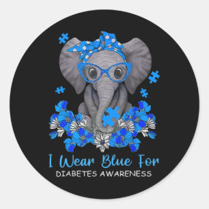 Ich trage Blau für Diabetes-Bewusstsein Elephant W Runder Aufkleber