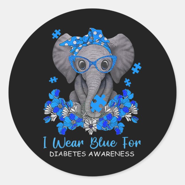 Ich trage Blau für Diabetes-Bewusstsein Elephant W Runder Aufkleber (Vorderseite)