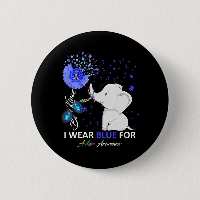 Ich trage blaues Autismus Bewusstsein Elefant Auti Button (Vorderseite)