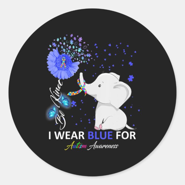 Ich trage blaues Autismus Bewusstsein Elefant Auti Runder Aufkleber (Vorderseite)