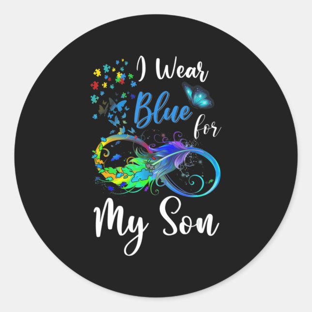 Ich trage Blue für meinen Sohn Autismus Awareness  Runder Aufkleber (Vorderseite)