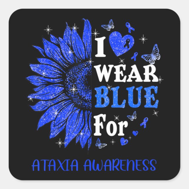 Ich trage Blue Twinkle Herz Sonnenblume Ataxien Aw Quadratischer Aufkleber (Vorderseite)