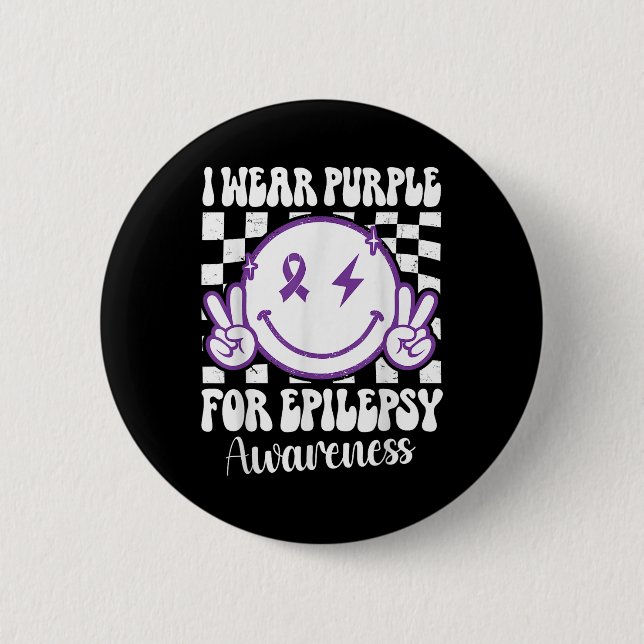 Ich trage Lila für Epilepsie Awareness Smile Face Button (Vorderseite)