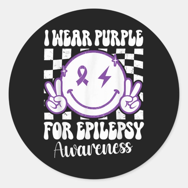 Ich trage Lila für Epilepsie Awareness Smile Face Runder Aufkleber (Vorderseite)