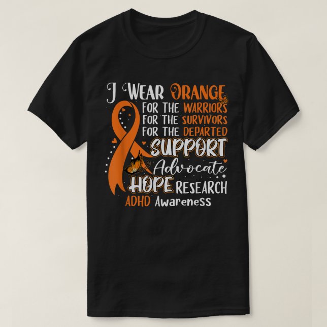 Ich trage Orange Ribbon Butterfly Support ADHD Awa T-Shirt (Design vorne)