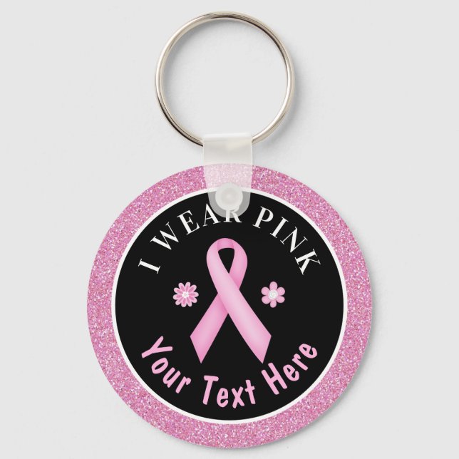 Ich trage Pink Breast Cancer Awareness Glitzer Key Schlüsselanhänger (Vorderseite)