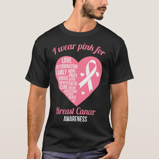 Ich trage rosa Ribbon Herz Coole Brustkrebs Awaren T-Shirt (Vorderseite)