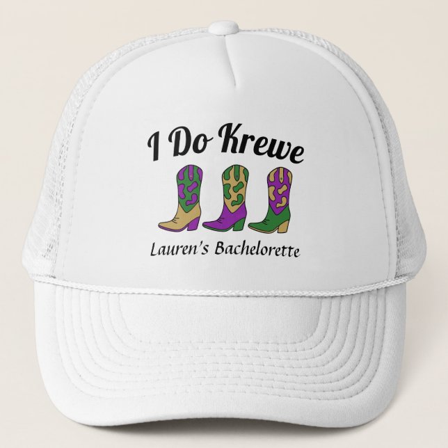 Ich tue Krewe Mardi Gras Bachelorette Truckerkappe (Vorderseite)