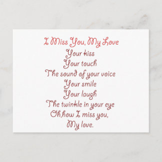 Ich vermisse dich, meine Liebe Gedicht Rot auf Rot Postkarte