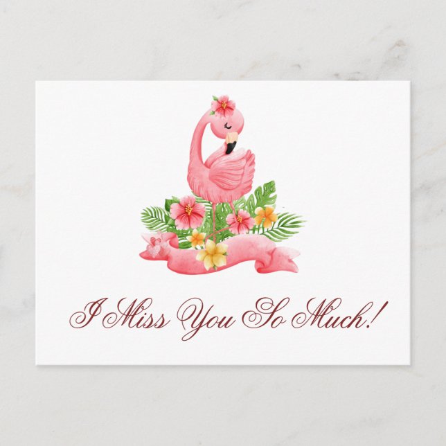 Ich vermisse dich so sehr Niedlich rosa Flamingo F Postkarte (Vorderseite)