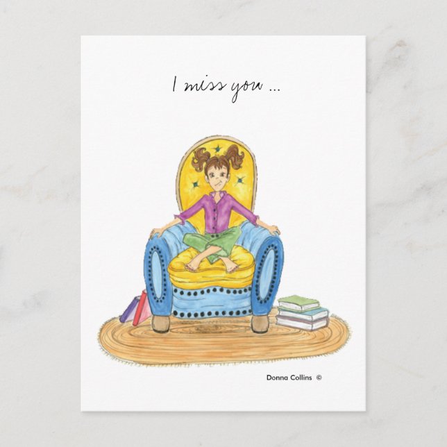 Ich vermisse Sie Mädchen in Blue Chair Postcard Postkarte (Vorderseite)