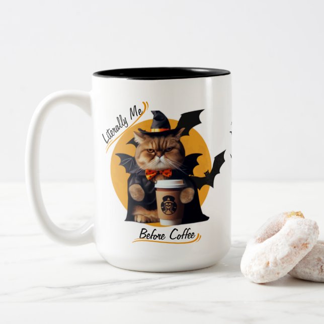 Ich vor dem Kaffee - Niedliche Halloween-Katze Zweifarbige Tasse (Mit Donut)
