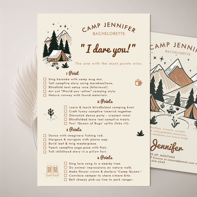 Ich wage es, wenn ihr Camp Junggeselinnen-Abschied Flyer (camping bachelorette party game dare you camp bach earth colors beige brown)