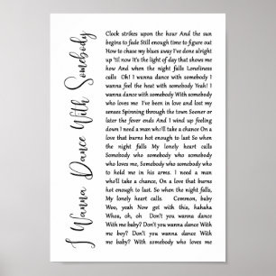 Ich will mit jemandem mit einem weißen Script-Song Poster