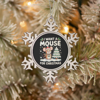 Ich wünsche mir eine Maus zu Weihnachten Santa Hut Schneeflocken Zinn-Ornament