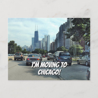 Ich ziehe nach Chicago über Ihre Worte und Ihr Fot Ankündigungspostkarte