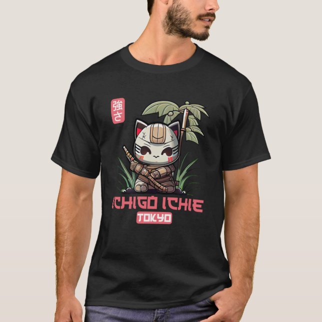 Ichigo Ichie Chibi Kitten Samurai mit Cherry Blos T-Shirt (Vorderseite)