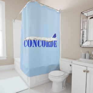 Iconic Concorde Jet mit fett blauer Typografie Duschvorhang