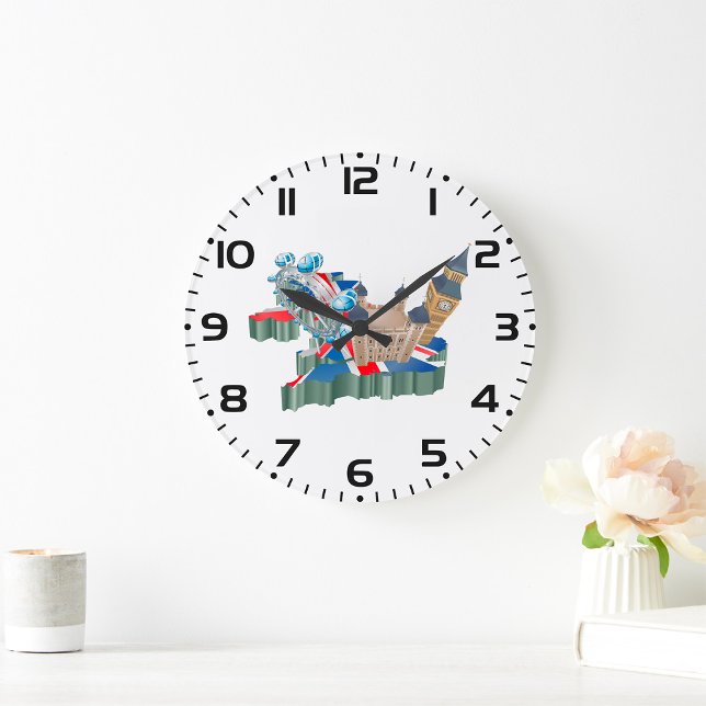 Iconic London Sehenswürdigkeiten UK Map British Tr Große Wanduhr (Von Creator hochgeladen)