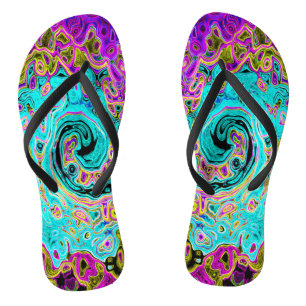 Icy Aqua Blue Groovy Abstrakt Retro Liquid Swirl Flip Flops