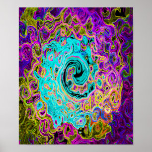 Icy Aqua Blue Groovy Abstrakt Retro Liquid Swirl Poster