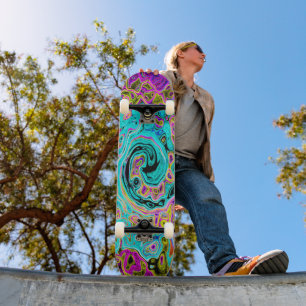 Icy Aqua Blue Groovy Abstrakt Retro Liquid Swirl Skateboard