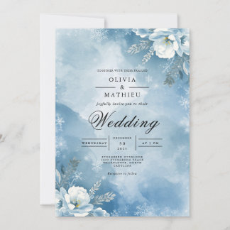 Icy Blue Floral Winter Wedding Einladung