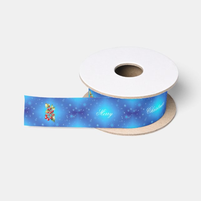 Icy Blue Frohe Weihnachten Red Holly Berries Gesch Satinband (Spule)