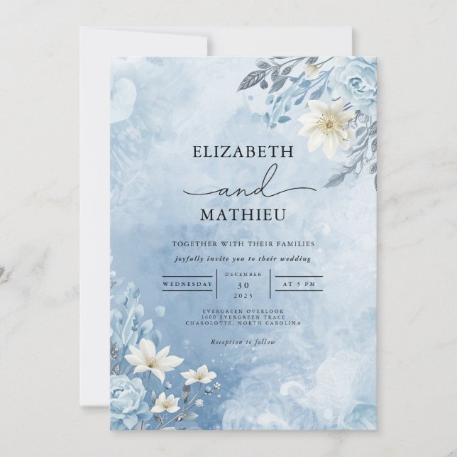 Icy Blue Frost Bloom Wedding Einladung (Vorderseite)
