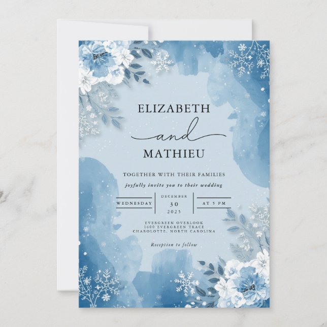 Icy Blue Frost Floral Winter Wedding Einladung (Vorderseite)