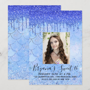 Icy Blue Glitzer Tropfen Mermaid Sweet 16 Foto Einladung