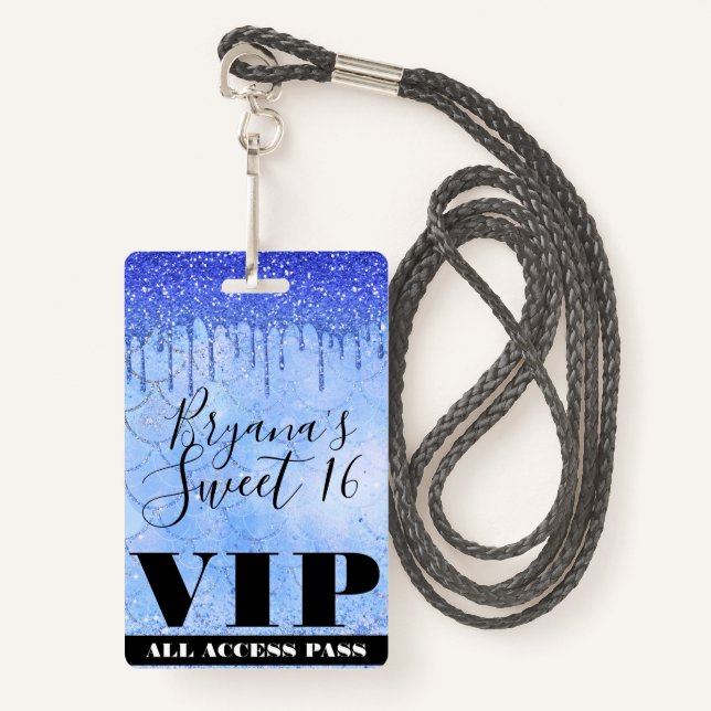 Icy Blue Glitzer Tropfen Mermaid Sweet 16 VIP Pass Ausweis (Vorderseite mit Schlüsselband)