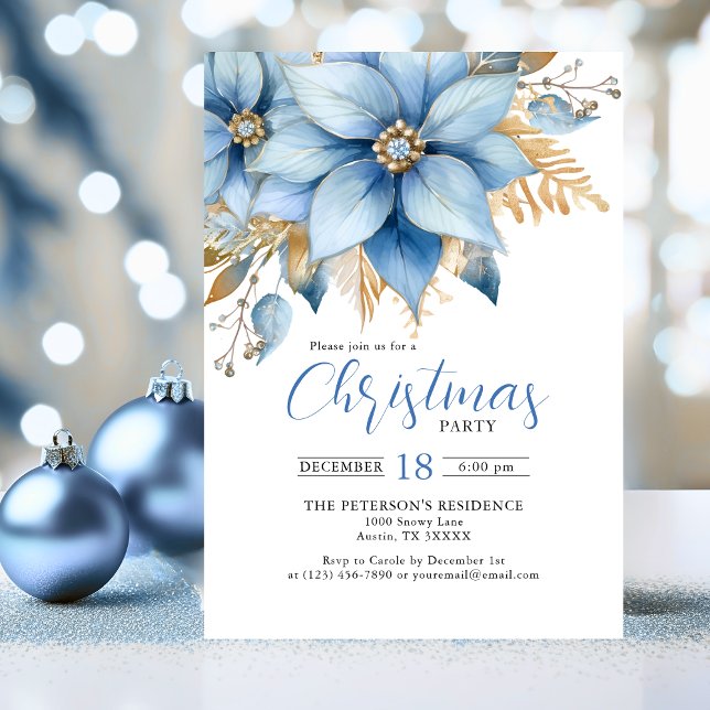 Icy Blue Gold Poinsettia Blume CHRISTMAS Party Einladung (Icy Blue Gold Poinsettia Flower CHRISTMAS Party Invitation)
