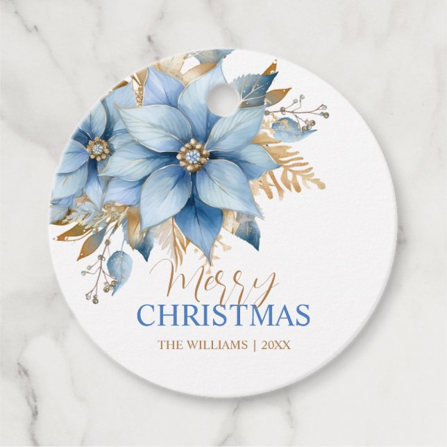 Icy Blue Gold Poinsettia Blume Weihnachten Geschenkanhänger (Vorderseite)