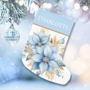 Icy Blue Gold Poinsettia Blume Weihnachten Kleiner Weihnachtsstrumpf